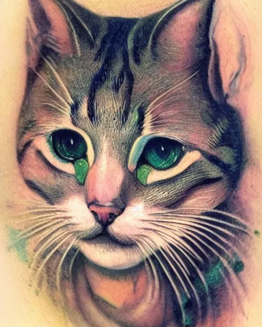 Image similar to close up of a beautiful cat with colourful intricate tattoos, by william - adolphe bouguereau, artistic, intricate drawing, realistic fantasy, extremely detailed and beautiful aesthetic face, 8 k resolution, dramatic lighting