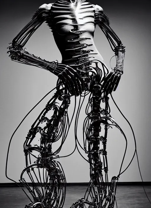 Image similar to walking down the catwalk, steven klein, mert alas and marcus piggott, show, stage, vogue photo, podium, fashion show photo, iris van herpen, beautiful woman, full body shot, masterpiece, inflateble shapes, alien, giger, plant predator, guyver, jellyfish, wires, veins, biomechanical details, bionic cyborg implants, colourfull