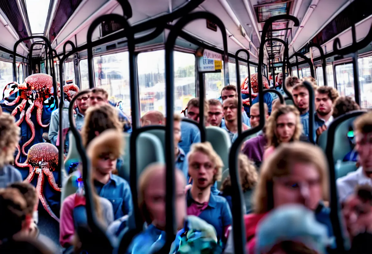 Image similar to a wide photo of a interior of a crowded bus with a huge octopus trying to get in, octopus beak can be seen, arms creeping in thrugh the windows, people are scared and screaming while trying to free through the windows and doors,