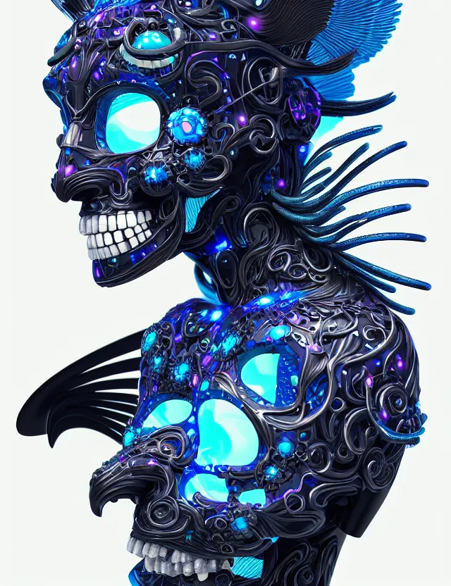 Image similar to 3 d goddess close - up profile simple portrait cybernetic with skull. beautiful intricately detailed japanese crow kitsune mask and clasical japanese kimono. betta fish, jellyfish phoenix, bio luminescent, plasma, ice, water, wind, creature, artwork by tooth wu and wlop and beeple and greg rutkowski