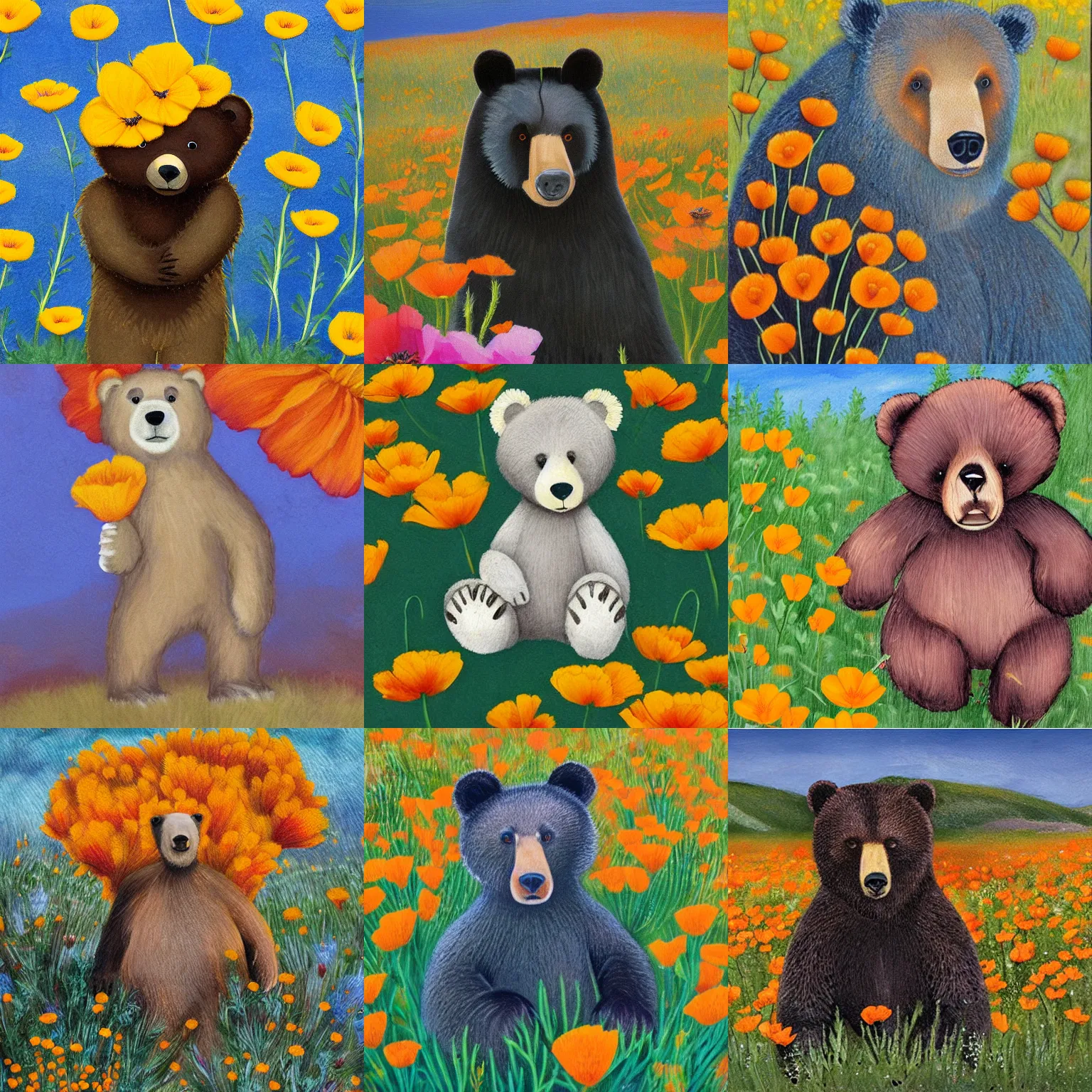 Prompt: a bear with california poppies for fur