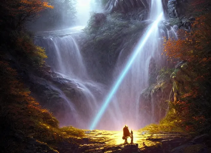 Image similar to detailed intricate digital illustration by greg rutkowski and artgerm and wlop and sanford robinson gifford ; 2 0 0 4 vehicle, glowing headlights, shimmering waterfall in background ; 1 3 mm film, close up head on arri alfa anamorphic lens ; sharp focus, bright morning lighting with shimmering highlights and rays of light, trending on artstation 4 k