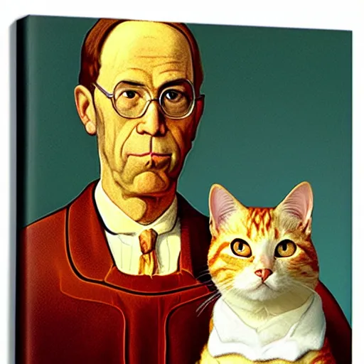 Image similar to fat orange tabby cat next to jon from garfield, american gothic by grant wood