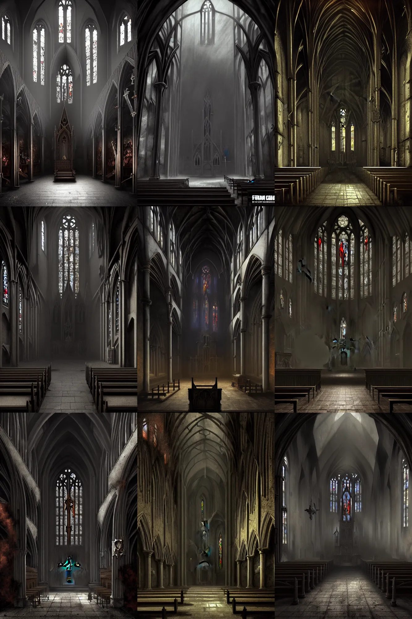 Prompt: a matte painting of the interior of a gothic church, smooth, digital painting, doom slayer!!!, concept art, rusty metal walls, broken pipes, dark colors, muted colors, tense atmosphere, church cathedral, mist floats in the air, amazing value control, muted colors, moody colors, dramatic lighting, in the style of frank frazetta, doom video game