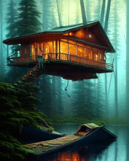 Image similar to a hyper - detailed 3 d render like an oil painting of cabin in the woods floating through space and time!!!!! surreal concept art, lifelike, photorealistic, digital painting, aesthetic, smooth, sharp focus, artstation hd, by greg rutkowski, bruce pennington, valentina remenar, rhads, asher duran,