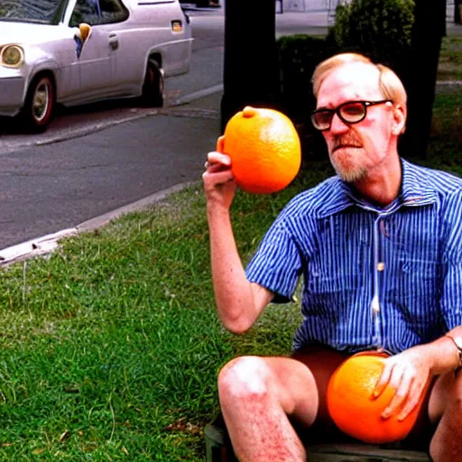 Image similar to hugh hopper on a street corner eating an orange fruit and drinking a pepsi