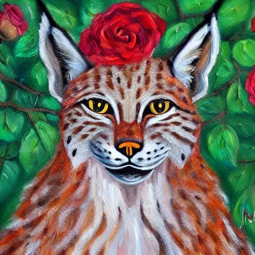 Prompt: an expressive oil painting of a lynx waring a crown!!!!!!! made out of roses, high quality art,