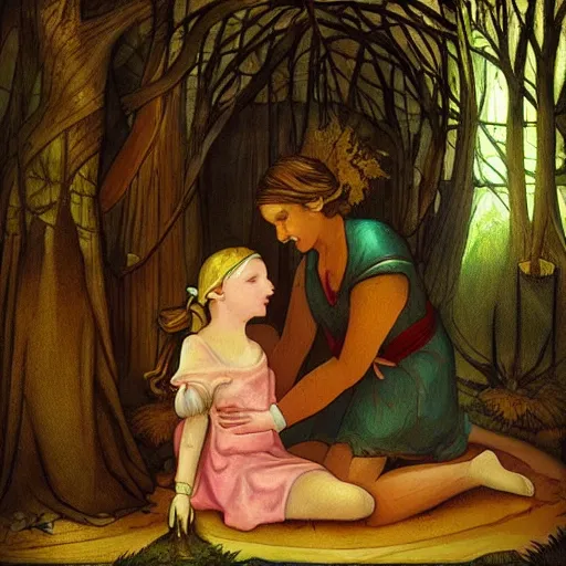 Image similar to “ sensual nurse treating medieval child girl in a fantasy forest, artwork ”