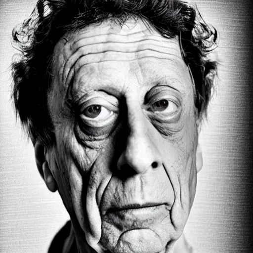 Prompt: portrait of Philip Glass, half of his face robotic