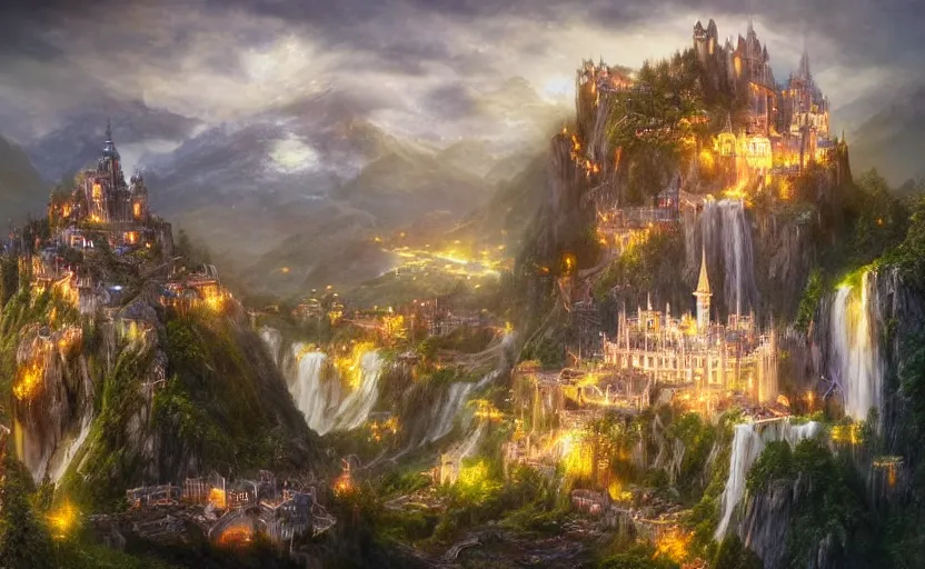 Image similar to beautiful secret city of the elves gondolin on top of a mountain, magical gloomy mystical. by konstantin razumov, fractal flame, chiaroscuro, highly detailded