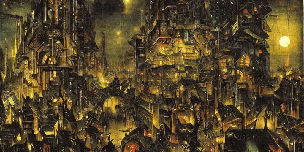 Image similar to view of a crowded cyberpunk city at night painted by hieronymus bosch, highly detailed, intricate, cyberpunk, colourful, night time, art by hieronymus bosch