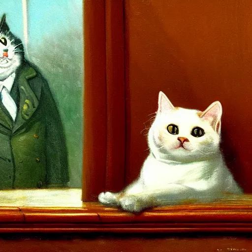 Prompt: a painting of an anthropomorphized cat in a business suit, looking out a window, thomas kinkade, goya, munch,
