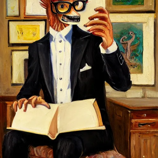 Prompt: detailed oil painting of a velociraptor wearing a nice suit and glasses in a very nice english study holding a book