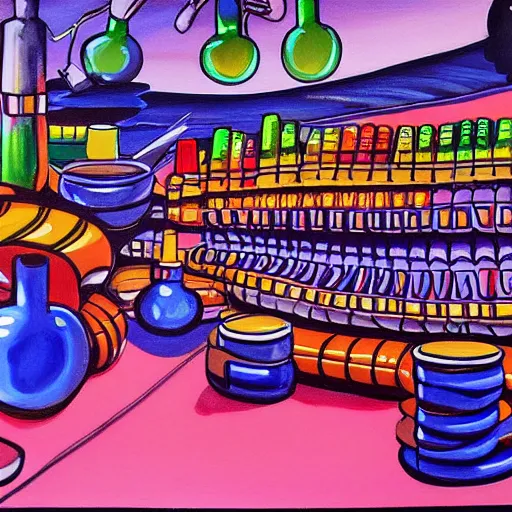 Prompt: detailed painting of an alchemist lab, large tubes, colorful liquid