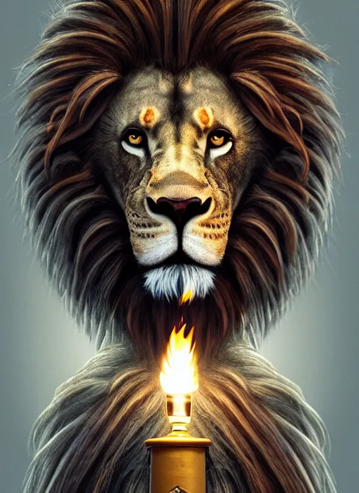 Image similar to an anthropomorphic beautiful male lion wizard portrait holding torch wearing stripes robe, dreadlock breed hair, fine art, award winning, intricate, elegant, sharp focus, octane render, hyperrealistic, cinematic lighting, highly detailed, digital painting, 8 k concept art, art by jamie hewlett and z. w. gu, masterpiece, trending on artstation, 8 k