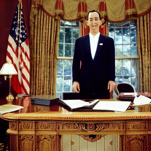 Image similar to pee wee herman on his first day as president of the united states, in the oval office with the vice president, extremely detailed, photograph by annie leibovitz