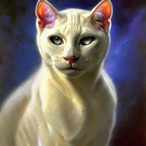 Prompt: a portrait of a manly humanoid anthromorphic furry white cat feline, blue eyes, star trek the next generation. highly detailed painting by gaston bussiere, craig mullins, j. c. leyendecker, furry