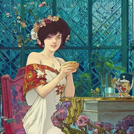 Image similar to Full body portrait of a sorceress sipping tea in her sunlit study, illustration, exquisitely detailed, Ilya Kuvshinov, Hayao Miyazaki, Kazuma Kaneko, Alphonse Mucha