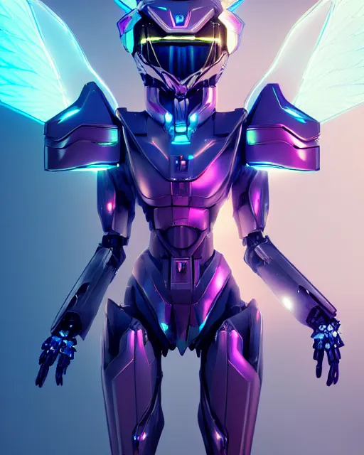 Image similar to uncropped iridescent feminine mecha ( with futuristic jet armor and wings ) with a heart visor helmet, symphogear, full body character portrait, hi - tech, trending on artstation, rave armor, digital painting, concept art, sharp focus, illustration, art by wlop and greg rutkowski