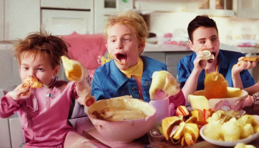 Image similar to 1990s candid 35mm photo of a beautiful day in the family kitchen , cinematic lighting, cinematic look, golden hour, Nintendo's Kirby is eating the family sofa, kids are crying, the Sofa is in Kirby's mouth, UHD