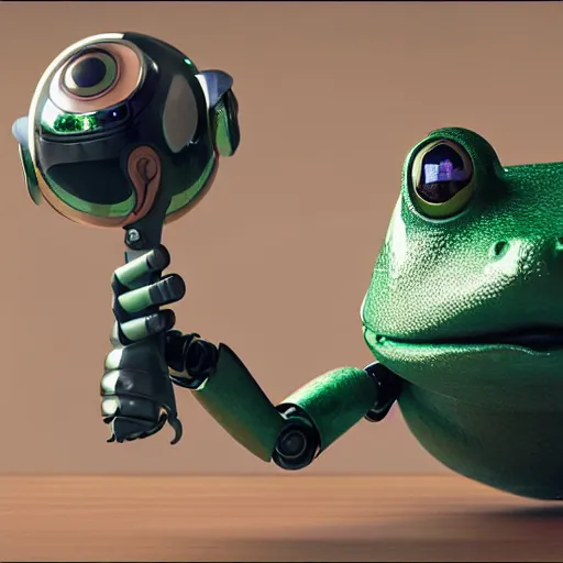 Prompt: a robot frog on a table, octane render, 3D, extremely detailed, accurate
