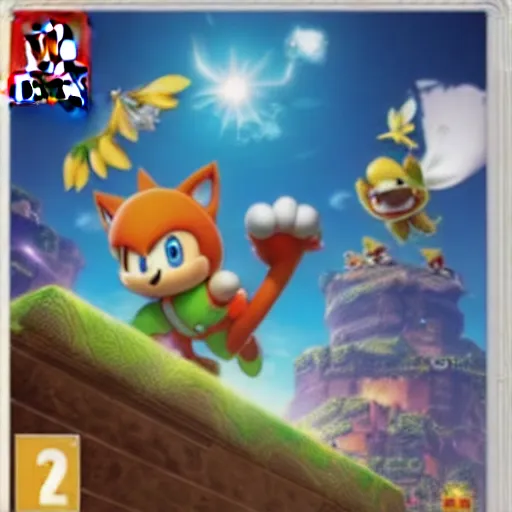 Prompt: nintendo switch box cover art of a new platforming video game featuring miles tails prower