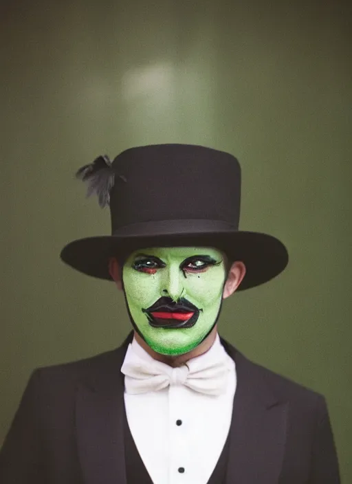 Prompt: a fashion portrait photograph of a man in a black suit wearing a black bowler hat with face painted as a green apple, 3 5 mm, color film camera,