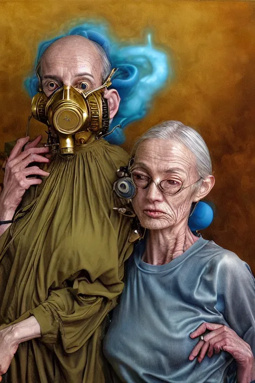 Prompt: Two skinny old people draped in silky gold, green and pink, wearing gas masks connected to theirs hearts, inside an dystopian, abandoned hospital room, they sit next to a fireplace with swirling blue flames, Ayami Kojima, Karol Bak, Greg Hildebrandt, mark brooks, hauntingly surreal, highly detailed painting part by James Jean, Jenny Saville, Soft light 4K