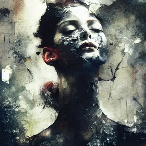 Image similar to a man stealing dreams from a young woman by emil melmoth zdzislaw belsinki craig mullins yoji shinkawa realistic render ominous detailed photo atmospheric by jeremy mann francis bacon and agnes cecile ink drips paint smears digital glitches glitchart