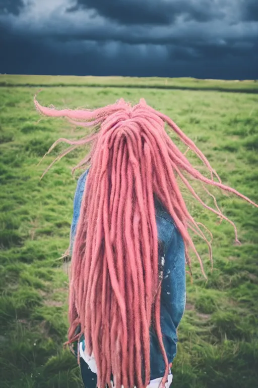 Image similar to kodak ultramax 4 0 0 photograph of a girl with long pink dreads standing in a field, stormy clouds, wicked clouds, big clouds, back view, grain, faded effect, vintage aesthetic,