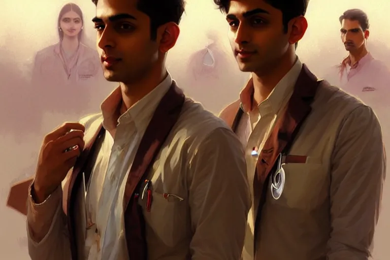 Image similar to Anxious good looking pale young Indian doctors wearing American clothes at the airport, portrait, elegant, intricate, digital painting, artstation, concept art, smooth, sharp focus, illustration, art by artgerm and greg rutkowski and alphonse mucha