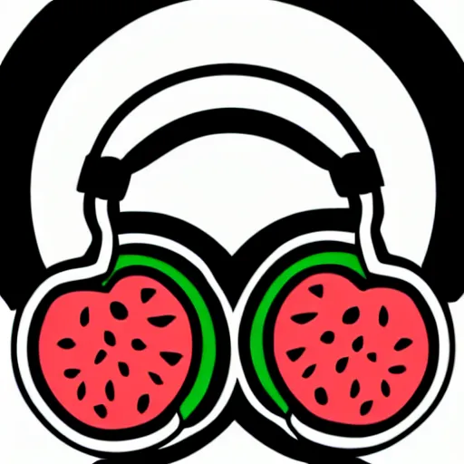 Image similar to svg sticker, centered, round-cropped, white-space-surrounding, Watermelon listening to headphones, flat colors, vector art