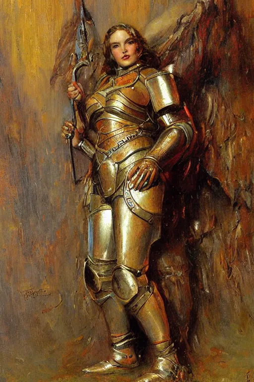 Image similar to full body girl metal armor painting by gaston bussiere