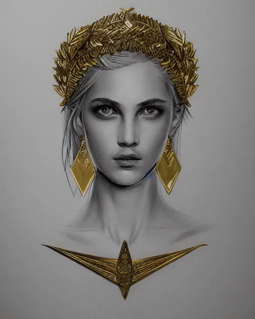 Image similar to front view of beautiful aphrodite greek goddess wearing a gold laurel wreath and triangle earrings, realism tattoo sketch, beautiful piercing eyes with sharp pupils, beautiful blonde hair, in the style of greg rutkowski, fantasy, amazing detail, epic, elegant, smooth, sharp focus