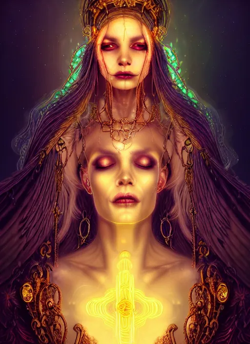 Prompt: goddess of death in a graveyard, white braids, decaying face, cyber neon lighting, retro futurism, gold intricate futuristic led lit gold jewelry, gold, jewels, digital painting, realism, extreme detail, cinematic, trending on artstation, by hans zatzka and jibaro