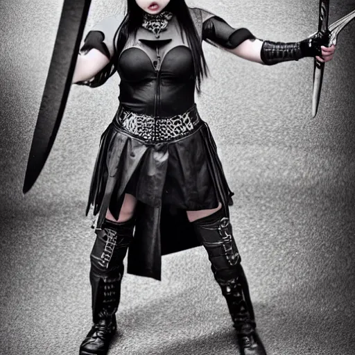 Image similar to photo of a female goth warrior with weapons