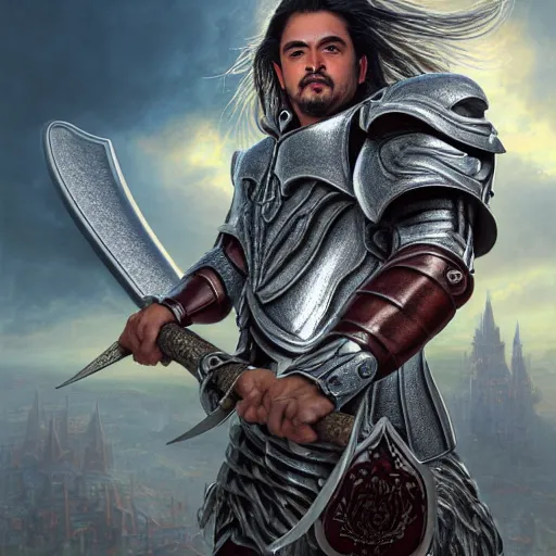 Image similar to a masterpiece ultrarealistic ultradetailed portrait of full silver armored magic knight strong mullet hispanic man with giant axe baroque renaissance. wide angle, intricate, elegant, by stanley artgerm lau, wlop, rossdraws, james jean, andrei riabovitchev, marc simonetti, background by james jean, light by julie bell, porcelain skin. global illumination. vfx