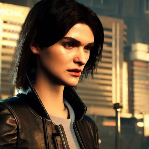 Image similar to a younger rachel weisz in cyberpunk 2 0 7 7, unreal engine 5 4 k, hyperdetailed photorealism