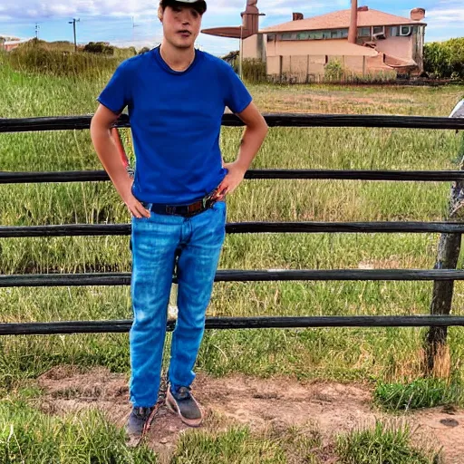 Prompt: Young man standing looking to the right in a red bandana, blue striped shirt, gray vest and a gun with a partly cloudy sky in the background. The young man is standing in front of an iron fence. Photograph. Real life