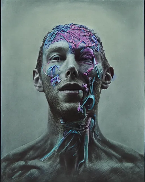 Image similar to a portrait of coldplay chris martin, from the terrifying and incomprehensible beyond, body horror, by gerard brom, zdzisław beksinski and ansel adams