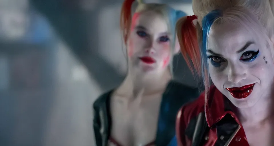 Image similar to real-life Harley Quinn, cinematic, Wide-shot, atmospheric lighting, directed by Quentin Tarantino, extreme detail, 8K, movie still