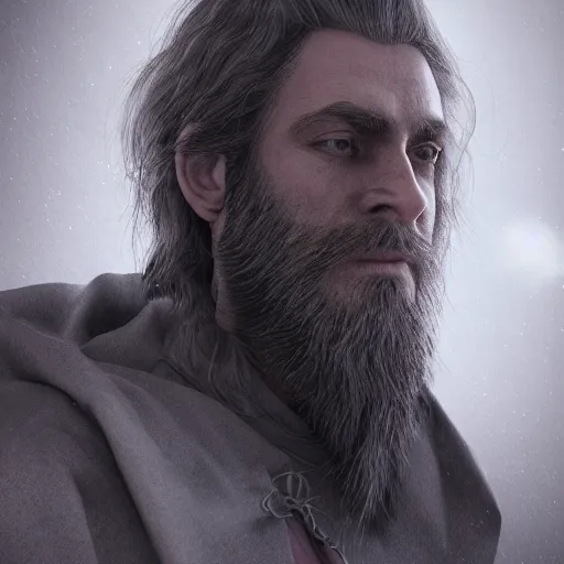 Image similar to a highly detailed portrait of a man without a beard, purple eyes, light gray long hair, wearing a black cloak, artstation, DeviantArt, professional, octane render