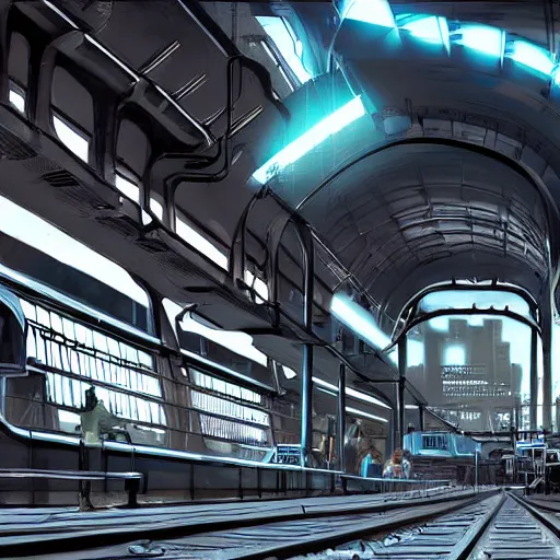 Image similar to Immense industrial futuristic train arrives at cyber punk city station, cinematic lighting, concept art