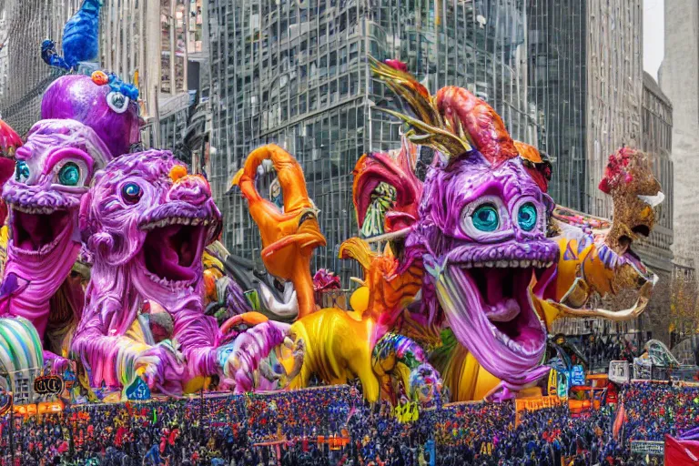 Image similar to photo of giant parade float designed by lisa frank and hr giger in the macys thanksgiving parade, detailed 4 k photo