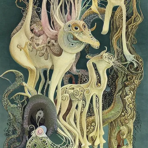 Image similar to A beautiful art installation of a group of creatures that looks like a mix of different animals. Most of the creatures have human-like features, such as arms and legs, and some are standing upright while others are crawling or flying. overhead view by Kay Nielsen soft, organic