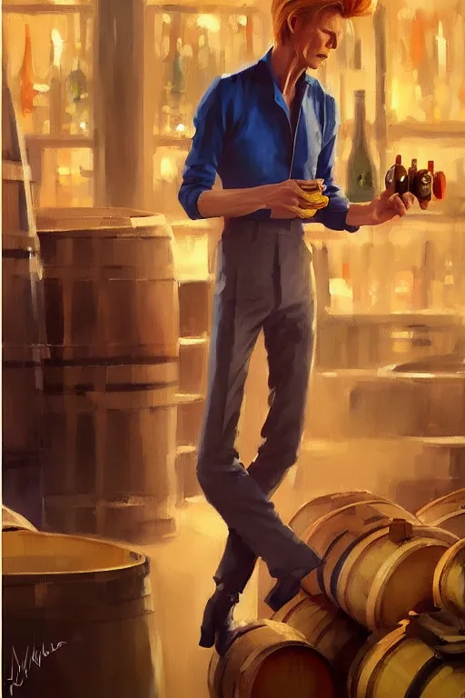 Image similar to david bowie 1 9 7 3 working in a winery, animation pixar style, by magali villeneuve, artgerm, jeremy lipkin and michael garmash, rob rey and kentaro miura style, golden ratio, trending on art station