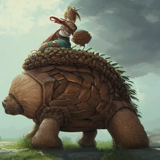 Image similar to yanonami riding a glyptodon, greg rutkowski, fantasy, intricate, elegant, highly detailed, digital painting, artstation, concept art, long shot, cinematic lighting
