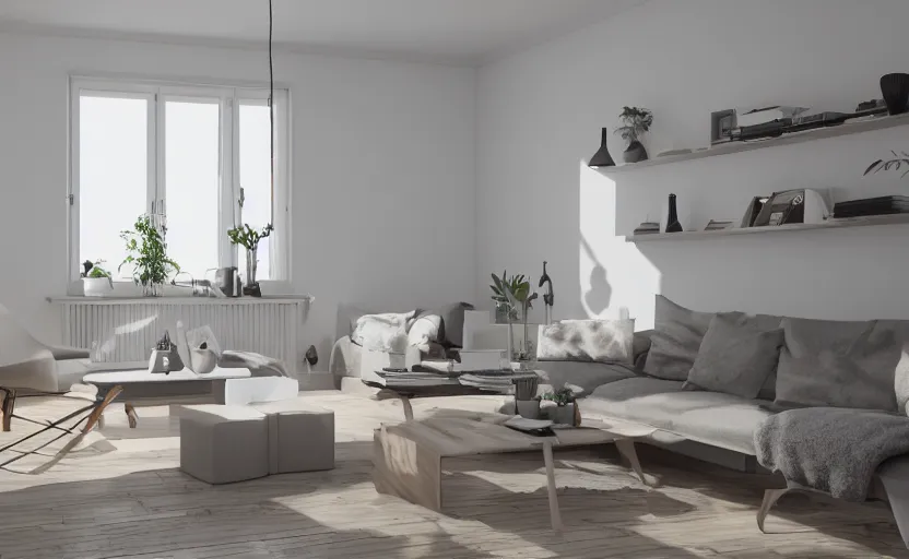 Image similar to modern scandinavian living room, bright, light wood, clean, cozy, 3 d render