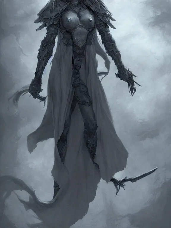 Image similar to female revenant, grey tarnished robes, vengeful, floating, no legs, high fantasy, magitek, monochromatic, matte digital illustration, by koyorin, donato giancola, pixiv