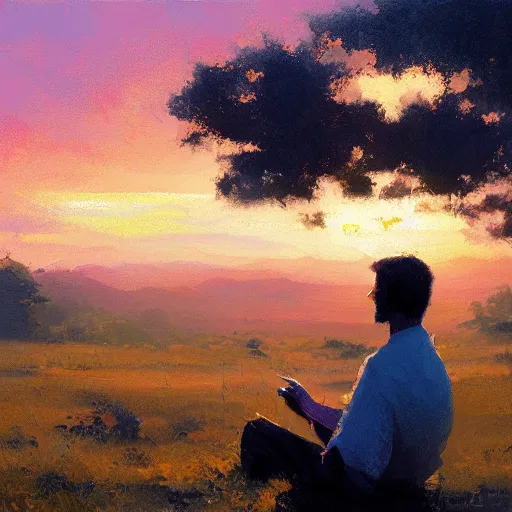 Image similar to a man watching a beautiful sunset, paint by Craig Mullins